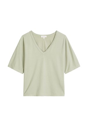 Lichtgroen T-shirt met korte mouwen en V-hals, met een relaxte pasvorm, afgebeeld op een witte achtergrond.