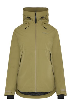 Olīvu zaļš ūdensnecaurlaidīgs mētelis ar augstu apkakli, regulējamu kapuci, divām ar rāvējslēdzējiem aizveramām kabatām un pieguļošu jostasvietu. Ar melniem akcentiem.