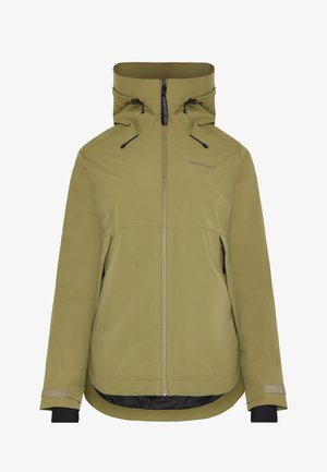 Olíva zöld vízálló dzseki magas gallérral, állítható kapucnival, két cipzáras zsebbel és megkötős derékkal. Fekete részletekkel rendelkezik.