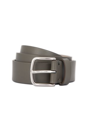 Gray leather belt coiled with a silver rectangular buckle on a white background.
