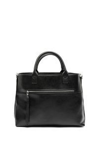 Črna usnjena torbica z dvojnimi zgornjimi ročaji, zadrgo na sprednjem žepu in gladko teksturo. Ima minimalističen dizajn in strukturirano obliko.