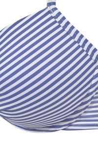 Sostenitore blu e bianco a righe con spalline regolabili, coppe sagomate e texture di tessuto liscia. Presenta cuciture sottili e bordi arrotondati.
