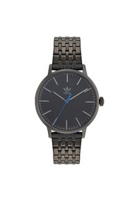 Montre noire avec un cadran rond, index d'heure en argent et aiguille des secondes bleue. Équipée d'un bracelet à maillons. Logo affiché sur le cadran.
