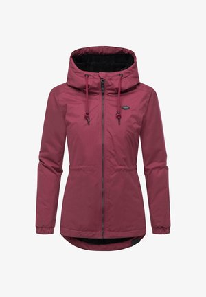 Giacca bordeaux resistente all'acqua con cappuccio, zip frontale, coulisse regolabili e polsini elastici; presenta una fodera morbida e strutturata.