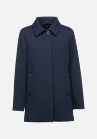 Marineblauwe jas met een kraag, enkele knoopsluiting en twee zijzakken. Gemaakt van een gladde, gestructureerde stof met een rechte snit.