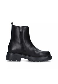 Stivaletti neri in pelle con finitura liscia, chiusura laterale con zip e suola in gomma texturizzata con scanalature profonde per una maggiore aderenza.