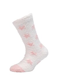 Calzino bianco morbido con motivi a stella rosa, punta rosa uniforme e polsino a coste. Tessuto soffice progettato per comfort e calore.