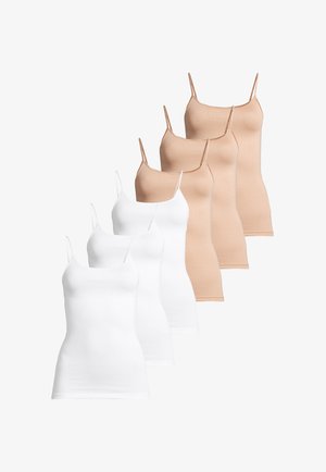 Trois débardeurs à bretelles spaghetti blancs et trois beiges, disposés en deux rangées superposées sur un fond blanc.