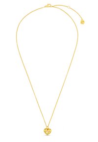 Collier en or avec un pendentif en forme de cœur présentant des motifs d'étoiles découpés et un petit accent en pierres précieuses, sur une chaîne délicate.
