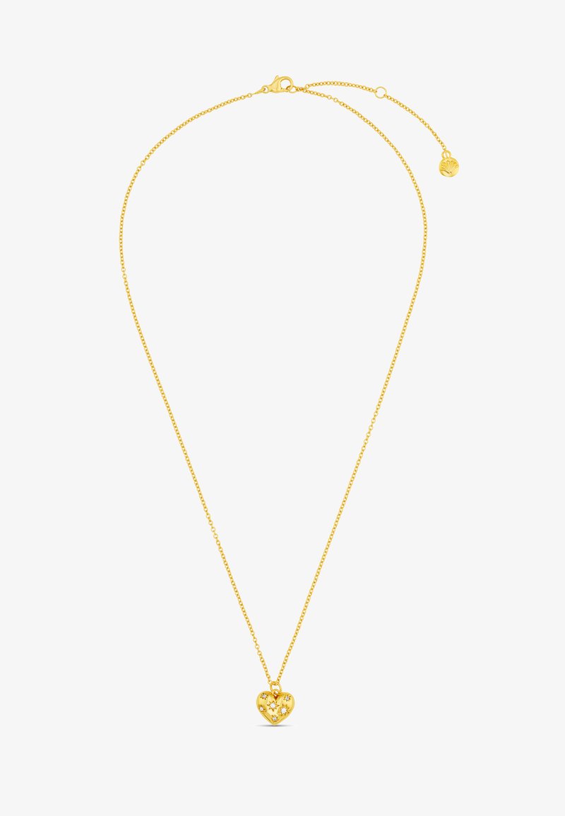 Colar de ouro com um pendente em forma de coração, apresentando padrões de estrelas recortados e um pequeno detalhe em pedra preciosa, em uma corrente delicada.