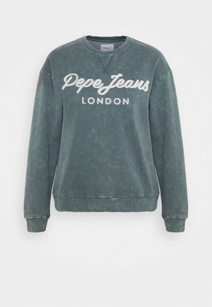 Green, crew-neck sweatshirt made of soft cotton, featuring a faded texture and white "Pepe Jeans LONDON" text on the front.