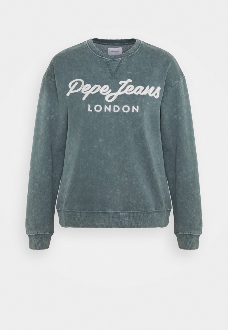 Felpa verde a girocollo realizzata in morbido cotone, con una texture sbiadita e il testo bianco "Pepe Jeans LONDON" sulla parte anteriore.