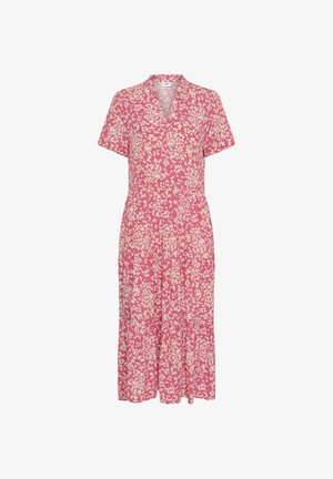 Pink floral dress with short sleeves, V-neckline, and tiered hem. The fabric features white leaf patterns throughout.