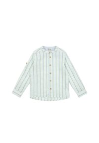 Camicia a maniche lunghe a righe in colori chiari con bottoni sul davanti, colletto tondo e dettaglio a bottone sulla manica.