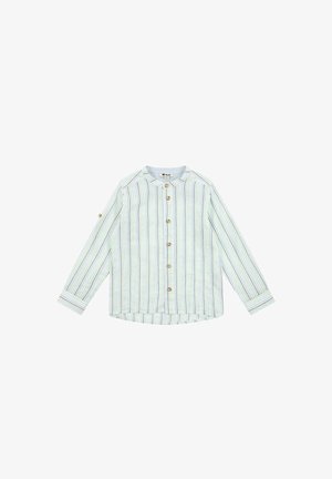 Pasiasta koszula z długim rękawem w jasnych kolorach, z guzikami z przodu, okrągłym kołnierzykiem i akcentem guzika na rękawie.