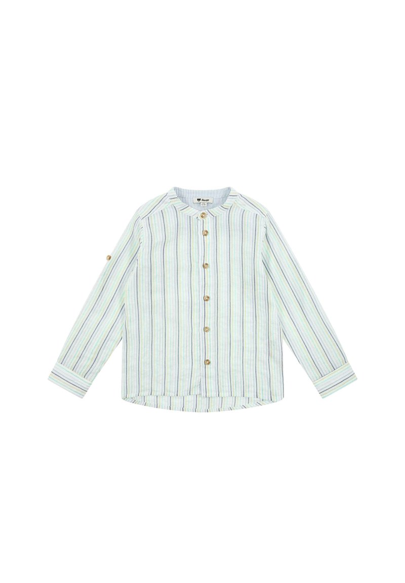 Camicia a maniche lunghe a righe in colori chiari con bottoni sul davanti, colletto tondo e dettaglio a bottone sulla manica.