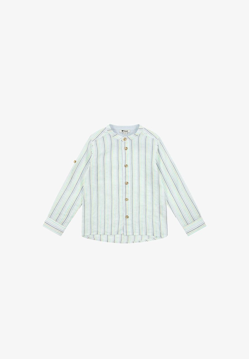 Gestreepte langarmshirt in lichte kleuren met knopen aan de voorkant, ronde kraag en knoopaccent op de mouwen.