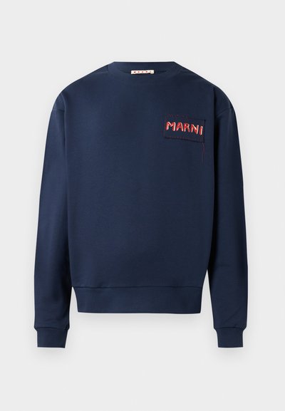 Navy sweatshirt featuring long sleeves, a crew neck, and a front patch with embroidered "MARNI" in red thread. Soft fabric, relaxed fit.
