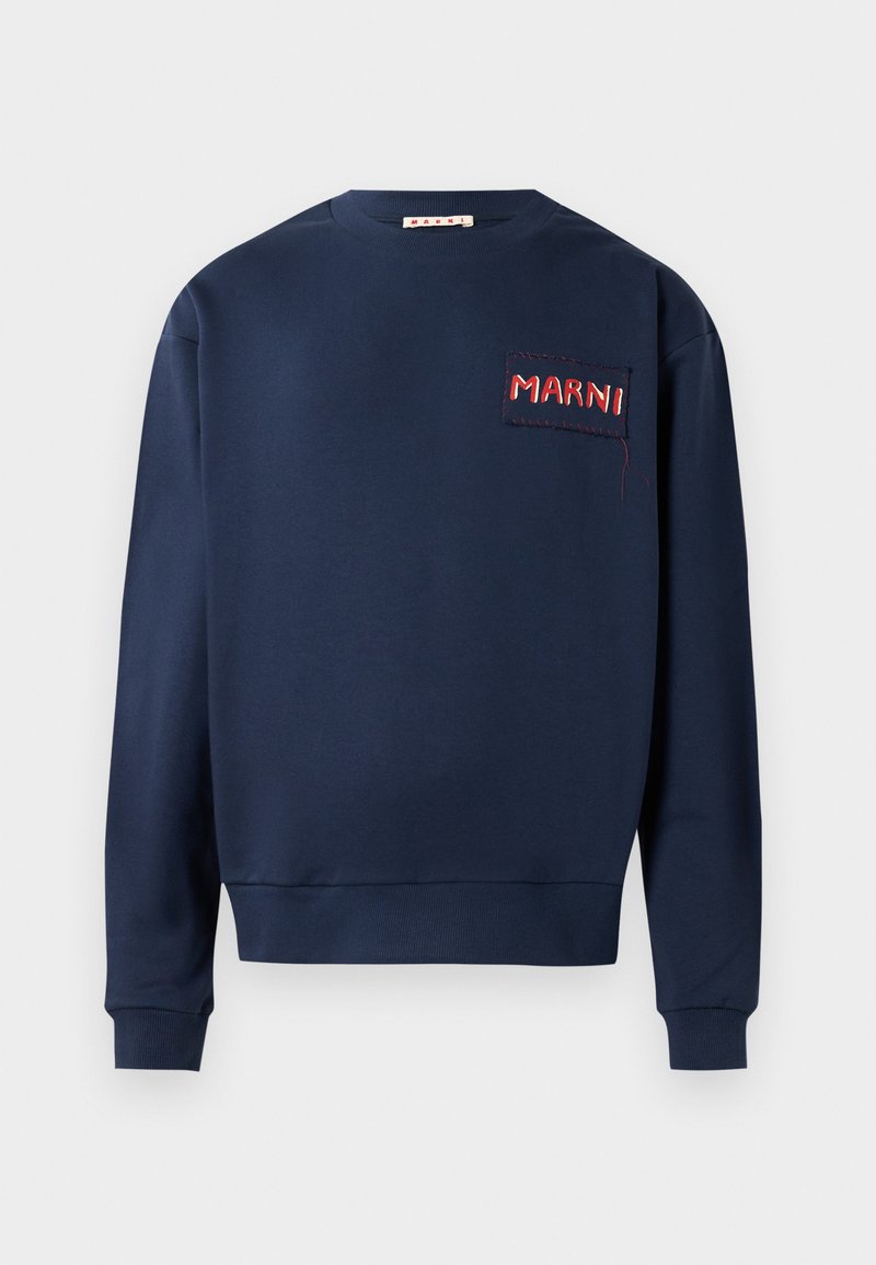 Navy sweatshirt featuring long sleeves, a crew neck, and a front patch with embroidered "MARNI" in red thread. Soft fabric, relaxed fit.