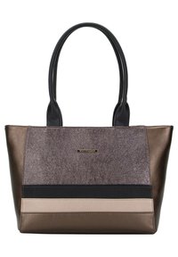 Borsa a tote metallica con manici neri; presenta una combinazione di pannelli in bronzo testurizzato, taupe e marrone scuro, accentuati da una striscia nera.