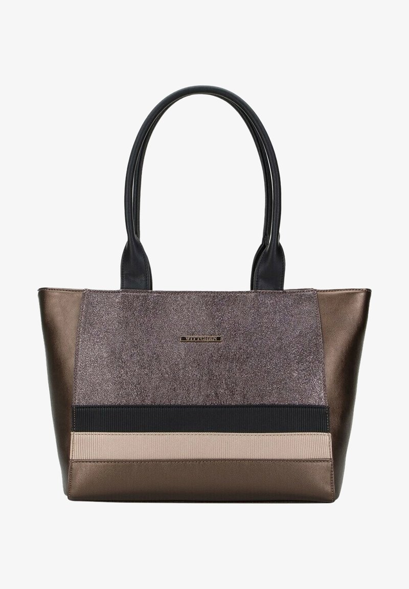 Sac fourre-tout métallique avec des poignées noires ; présente une combinaison de panneaux texturés en bronze, taupe et marron foncé, rehaussés d'une bande noire.