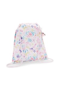 Drawstring backpack in floral pastel pattern, featuring pink cord straps, lightweight fabric, and a small charm attached.