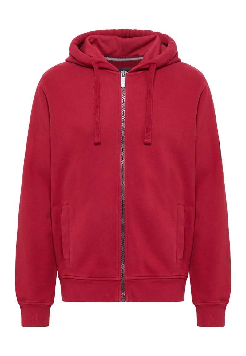 Rote Zip-Hoodie aus weichem Stoff mit einem Frontreißverschluss, Kängurutaschen und Kordeln an der Kapuze. Gerippte Bündchen und Saum.