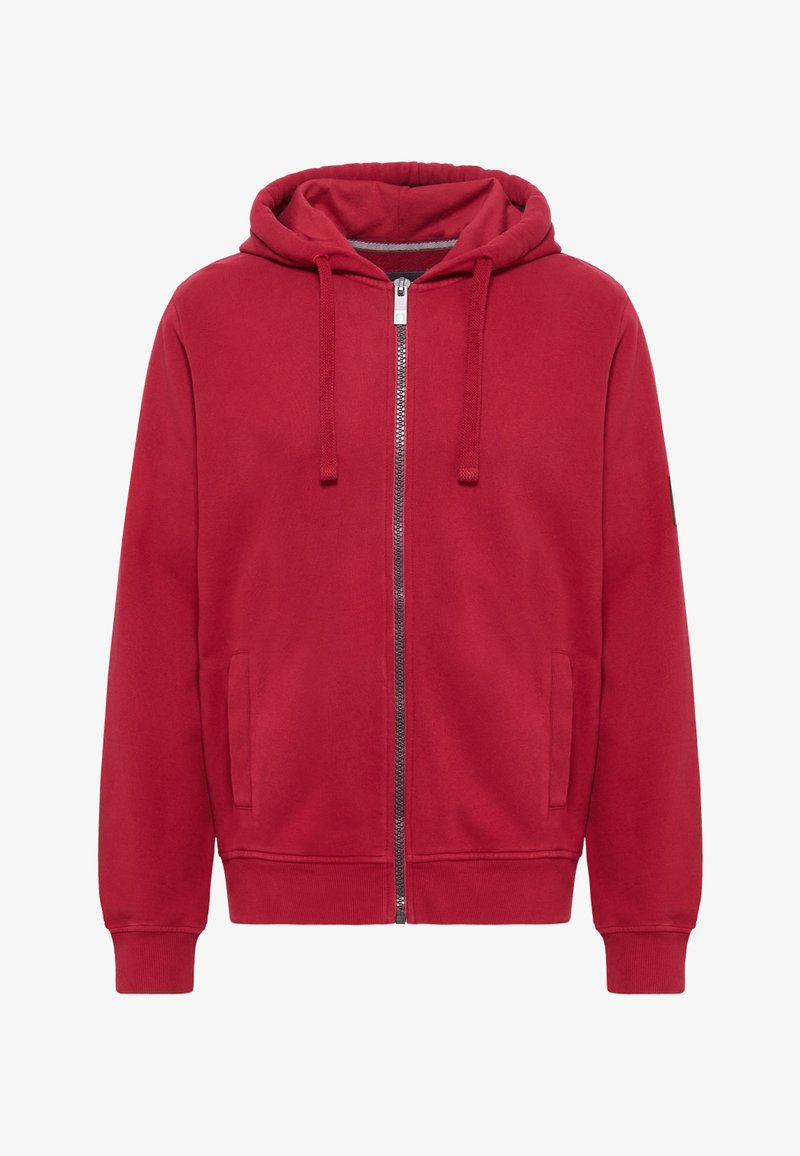 Felpa rossa con zip realizzata in tessuto morbido, dotata di zip anteriore, tasche a marsupio e cordini sul cappuccio. Polsini e orlo a coste.
