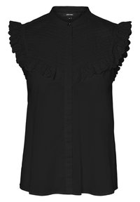 Blouse sans manches noire avec un devant boutonné, présentant un corps texturé et un volant en dentelle le long des épaules. Fini en tissu lisse.