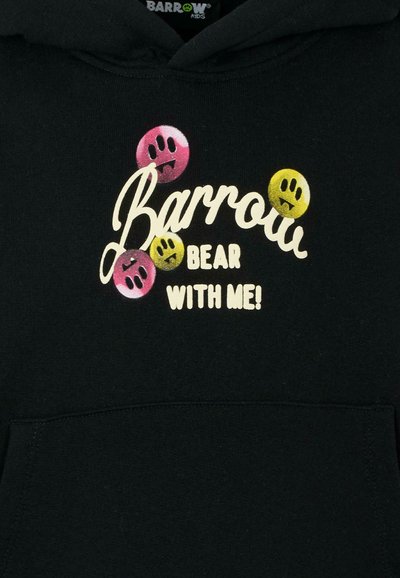 Hoodie noir avec un graphique sur le devant comportant le texte "Barrow SOIS PATIENT AVEC MOI !" et des visages souriants colorés en rose, jaune et vert.