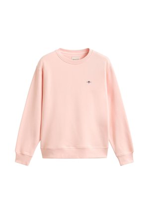Lyserød crewneck sweatshirt med lange ærmer og lille broderet logo på venstre bryst.