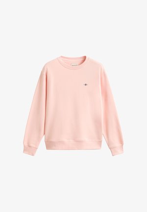 Lyserød crewneck sweatshirt med lange ærmer og lille broderet logo på venstre bryst.