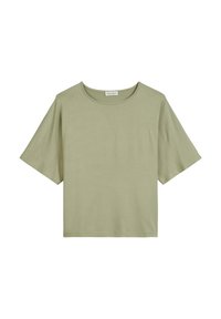Lichtgroen t-shirt met korte mouwen en een ronde hals, gemaakt van zachte materialen, met een losse pasvorm en een minimalistisch ontwerp.