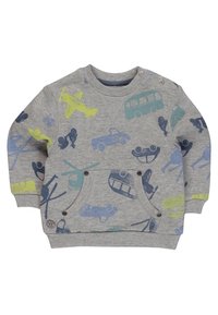 Sudadera gris con patrones coloridos de veh�ículos y figuras, incluyendo aviones, coches y un autobús, con un bolsillo frontal.