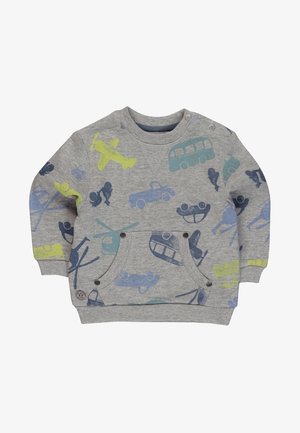 Grijze sweatshirt met kleurrijke patronen van voertuigen en figuren, waaronder vliegtuigen, auto’s en een bus, met een voorzak.