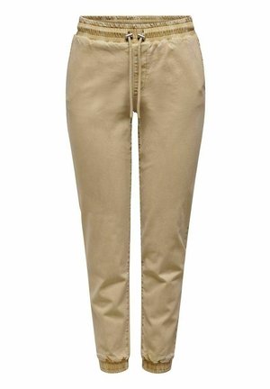 Beige jogger pants made of soft cotton blend, featuring an elastic waistband with drawstring, tapered legs, and elastic cuffs at the ankles.