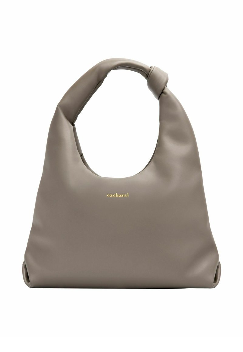 Hobo bag in soft, taupe synthetic material with a knotted, wide handle and subtle gold logo. Smooth texture and rounded shape.