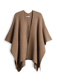Bruine geribbelde gebreide poncho met een brede halslijn en open voorkant, met vloeiende mouwen en een losse, relaxte vorm.
