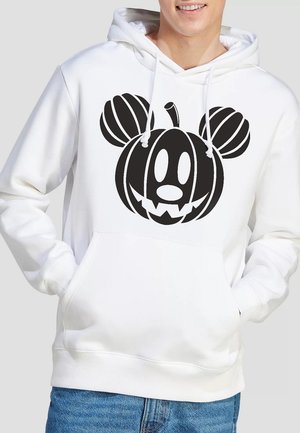 White hoodie featuring a black graphic of a pumpkin with mouse ears and a smiling face, made of soft cotton material with a front pocket.