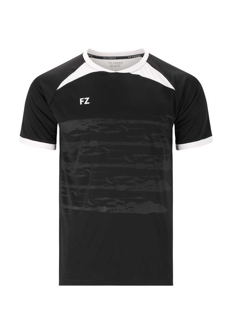 Mustat urheilupaidat valkoisilla yksityiskohdilla, joissa on hienovarainen abstrakti kuvio. Valmistettu kevyestä materiaalista, jossa on lyhyet hihat ja pyöreä kaula-aukko.