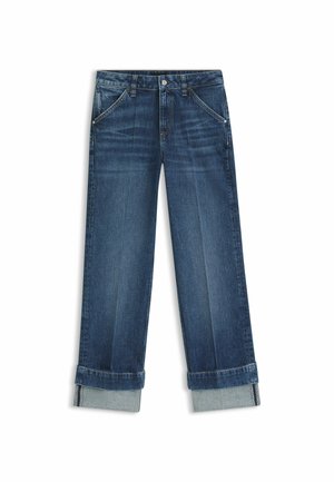 Dark blue denim jeans with a wide leg, featuring a cuffed hem, five-pocket design, and contrasting thread stitching.