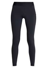 Svarta atletiska leggings gjorda av elastiskt, slätt material; har en bred midjeresår och sidofickor för förvaring.