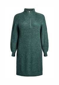 Abito lavorato a maglia in verde scuro con colletto alto e mezzazip, caratterizzato da una texture a coste e maniche a palloncino, orlato all'altezza della coscia.