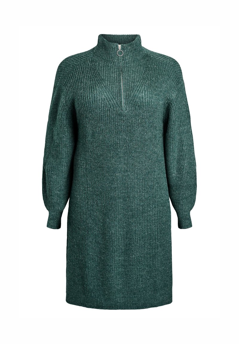 Abito lavorato a maglia in verde scuro con colletto alto e mezzazip, caratterizzato da una texture a coste e maniche a palloncino, orlato all'altezza della coscia.