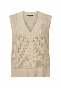 Gilet sans manches en tricot beige avec un décolleté en V profond et un motif texturé à mailles ouvertes, ourlet côtelé et col.