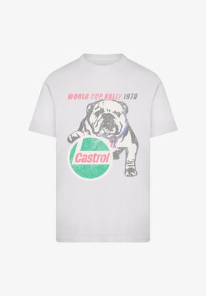 White cotton t-shirt featuring a gray bulldog graphic holding a green and white "Castrol" logo with pink text "WORLD CUP RALLY 1970."