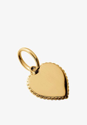 Colgante de oro en forma de corazón con bordes ondulados y superficie lisa, unido a un aro redondo de oro para collar o pulsera.