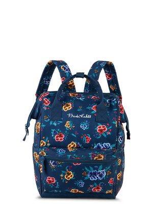 Marineblauer Rucksack mit mehreren Fächern; ausgestattet mit bunten Blumenmustern, strapazierfähigem Material, verstellbaren Trageriemen und einem oberen Griff.
