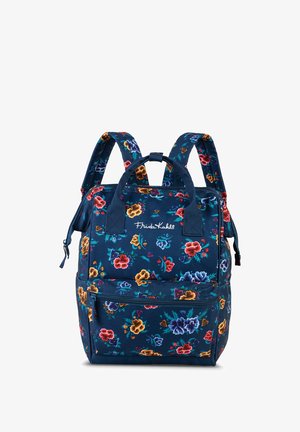 Marineblauer Rucksack mit mehreren Fächern; ausgestattet mit bunten Blumenmustern, strapazierfähigem Material, verstellbaren Trageriemen und einem oberen Griff.
