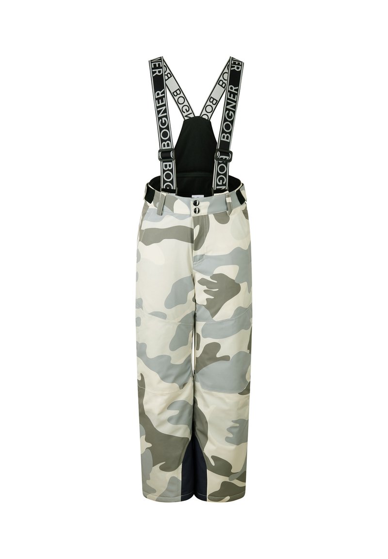 Camouflage-gepatroneerde broek in grijs en wit, met verstelbare zwarte bretels met "BOGNER"-branding en een veilige taille-sluiting.